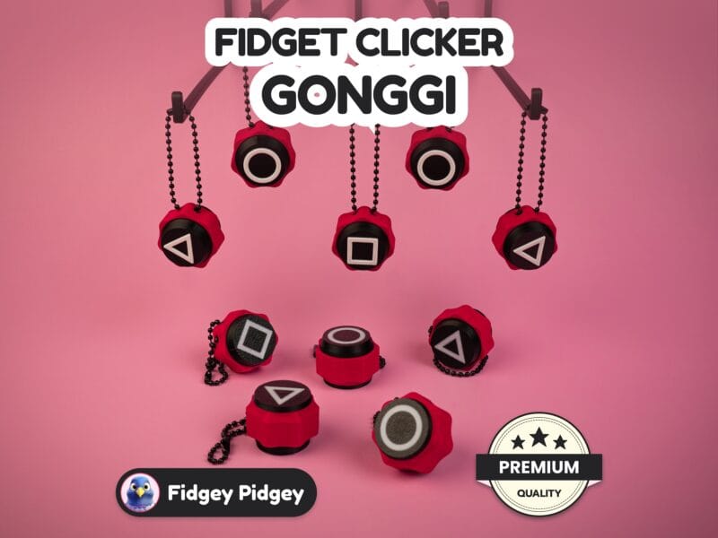Multiple Gonggi clickers displayed on pink background with gaming theme