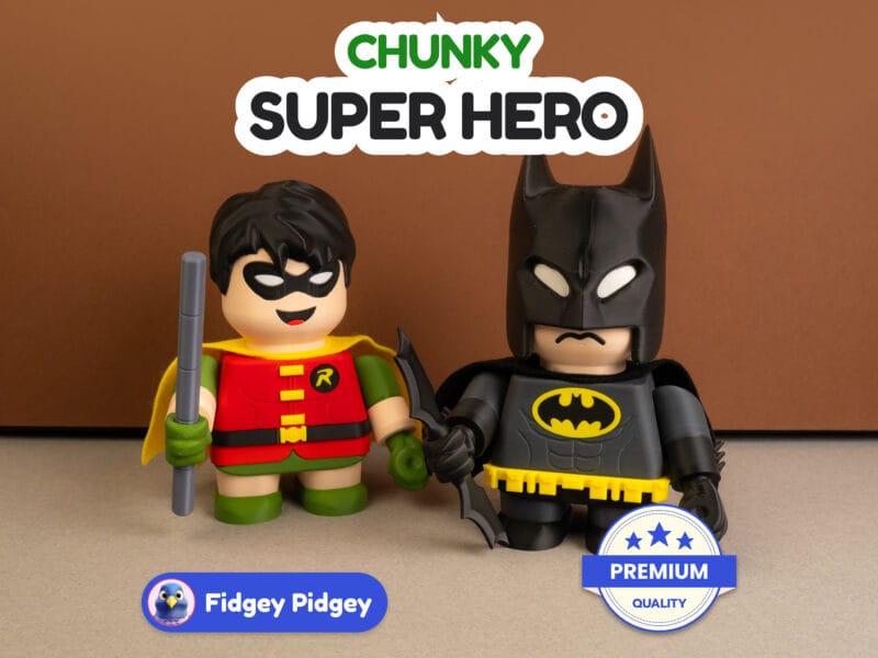 Superhero and little helper figures with Fidgey Pidgey branding